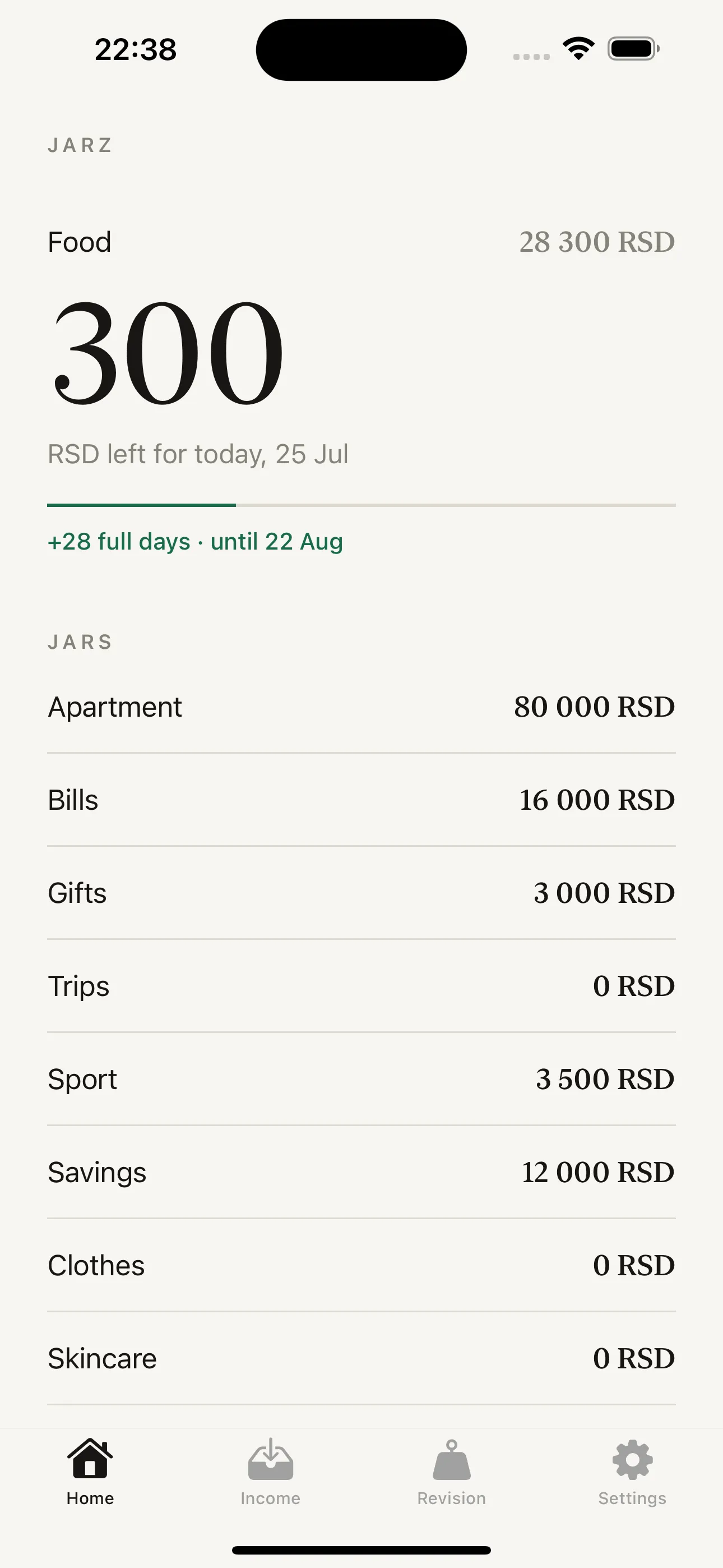 Jarz home screen showing the remaining food budget for today and the balance of every jar