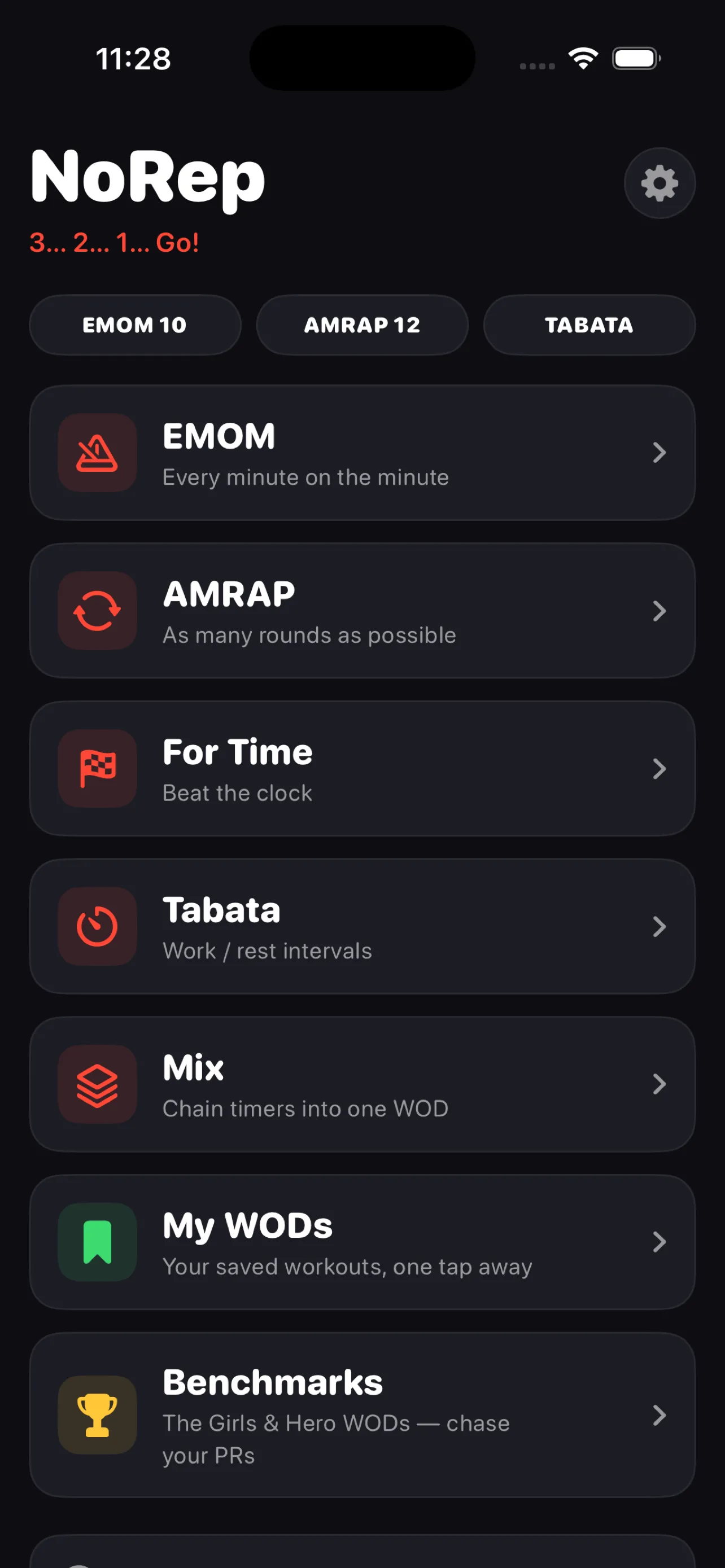 NoRep home screen listing the EMOM, AMRAP, For Time, Tabata and Mix timer modes