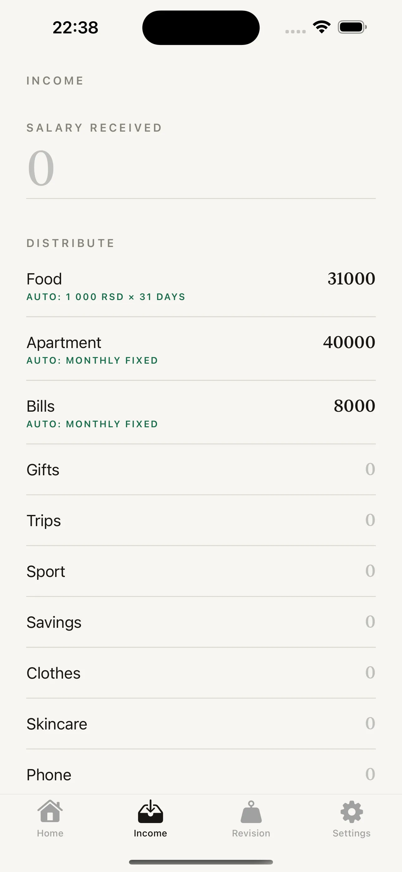 Jarz income screen distributing a salary across jars, with fixed costs pre-filled automatically