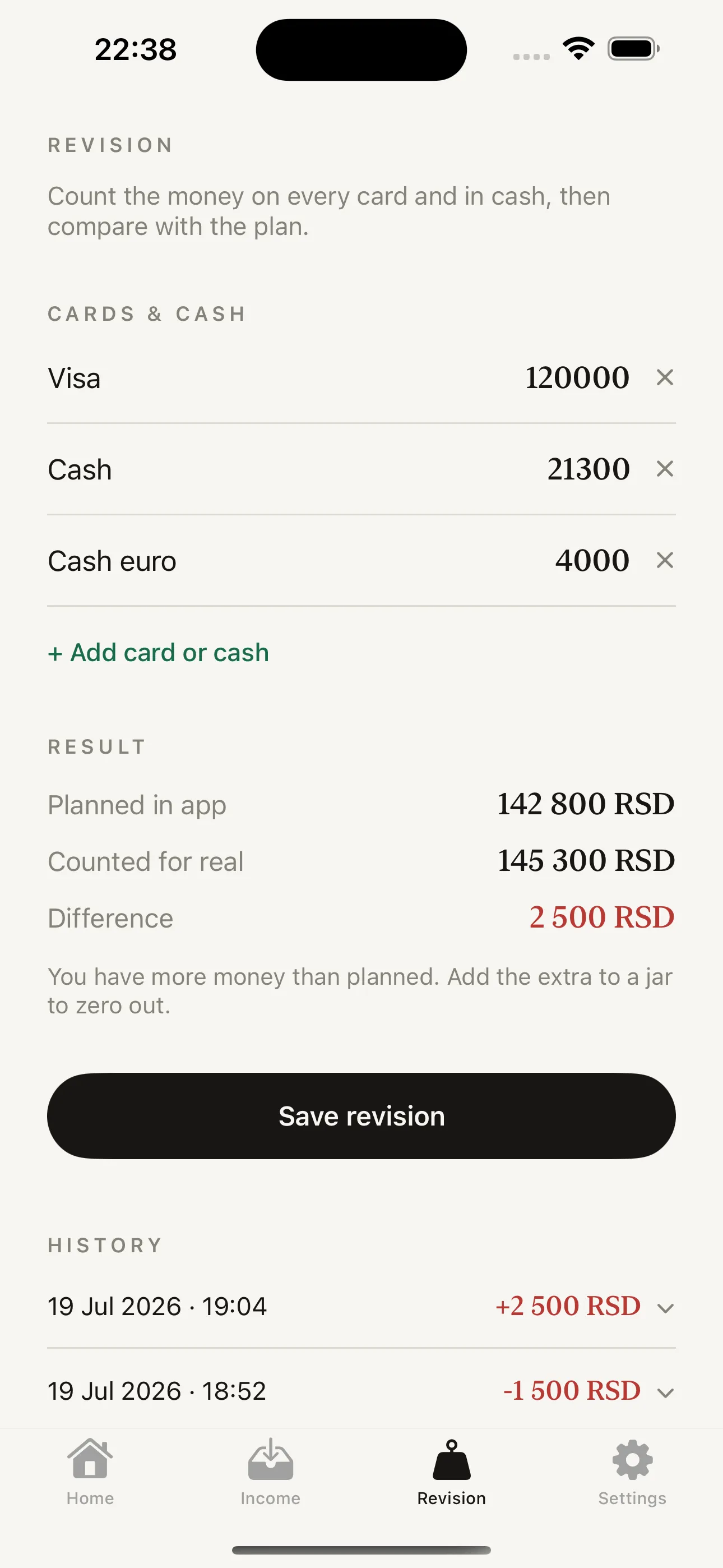 Jarz revision screen comparing the planned balance against money counted on cards and in cash